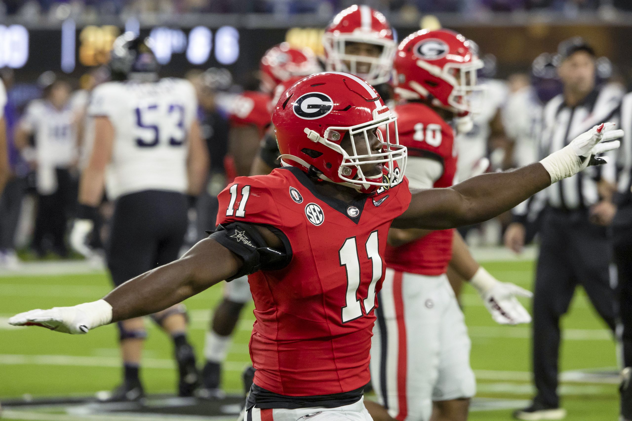 Inside linebacker Jalon Walker (11) celebrating a play during the UGA vs. TCU College Football National Championship football game held January 9th, 2023 at SoFi Stadium in Los Angeles, California.